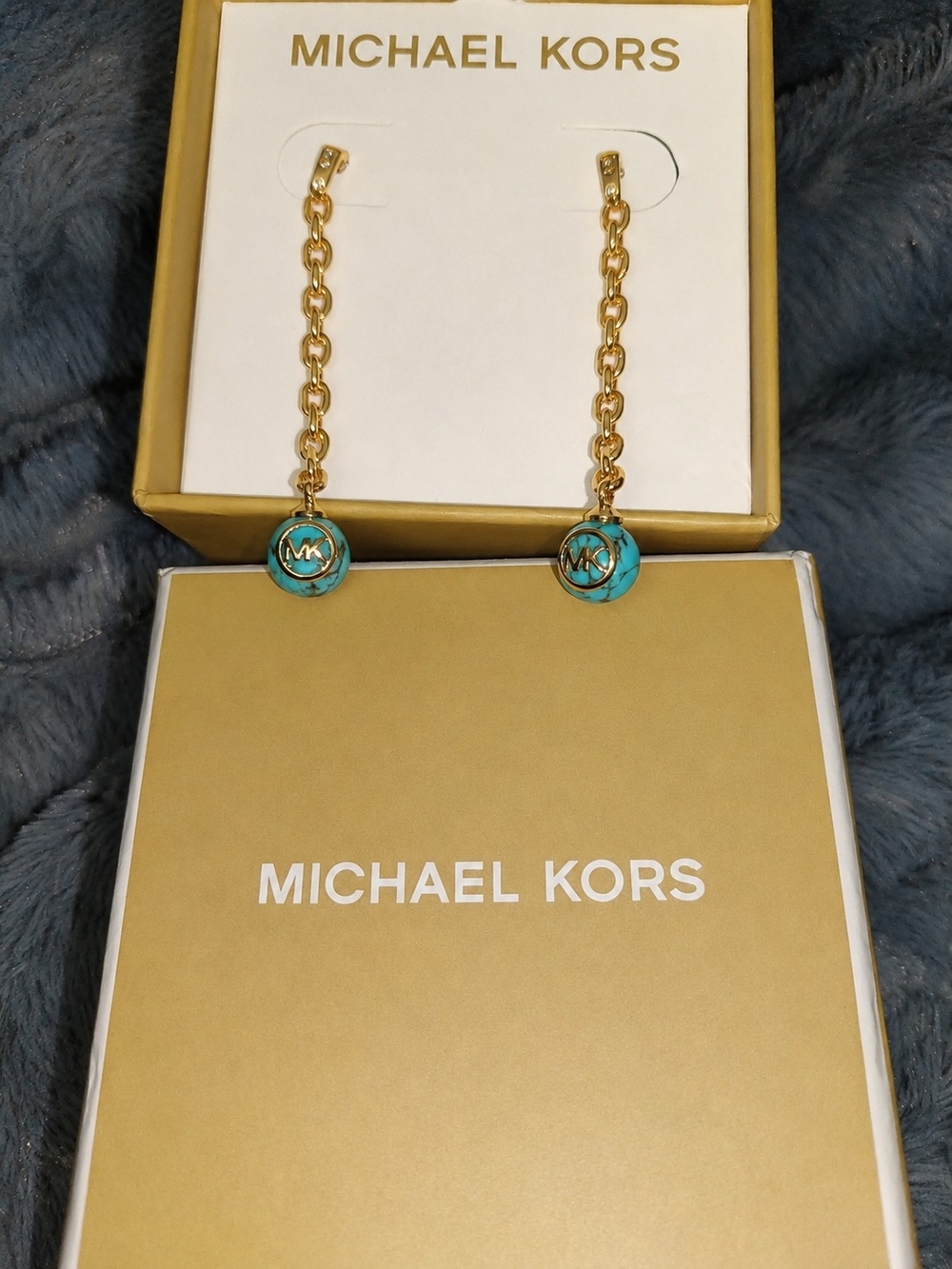 Michael Kors Gold-Tone Chain Drop Earrings with Turquoise Discs